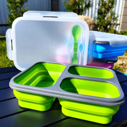 Ланч-бокс складной силиконовый с столовыми приборами, 3 отделения 1150 мл., Зеленый